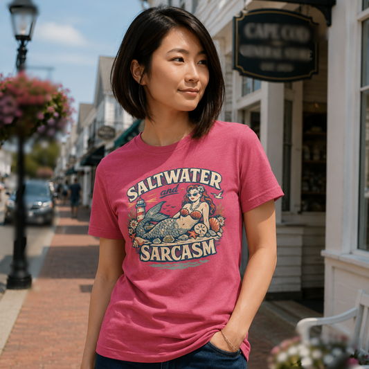 Saltwater & Sarcasm™ Coastal Mermaid Tee | Vintage Pin-Up Graphic Shirt for Women